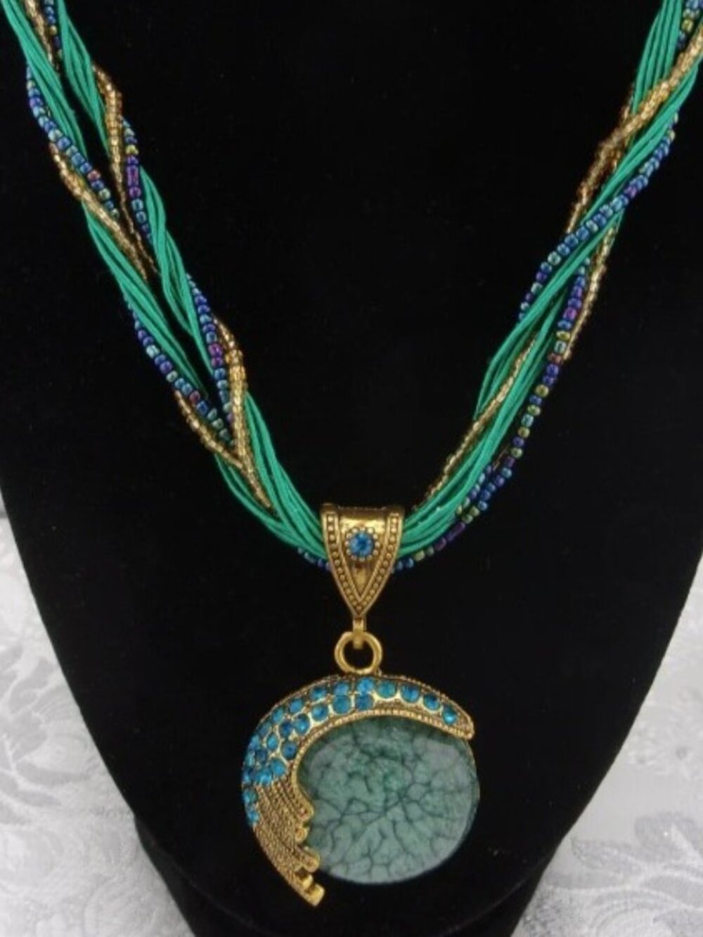Vintage Blue & Brass Multi Strand Glass Bead Necklace - Picture 2 of 6